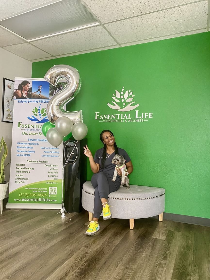 Dr. Janay Scott beside the banner listing the treatments the practice provides